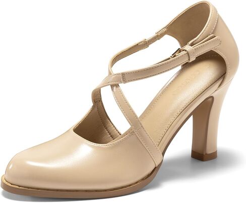 Coutgo Womens Chunky High Heels Dress Shoes Closed Pointed Toe Cross Strap Buckle Pumps Vintage D'Orsay Party Shoes in Saudi Arabia