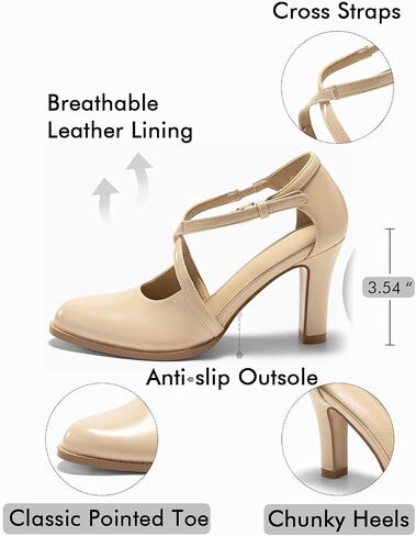 Coutgo Womens Chunky High Heels Dress Shoes Closed Pointed Toe Cross Strap Buckle Pumps Vintage D'Orsay Party Shoes in Saudi Arabia