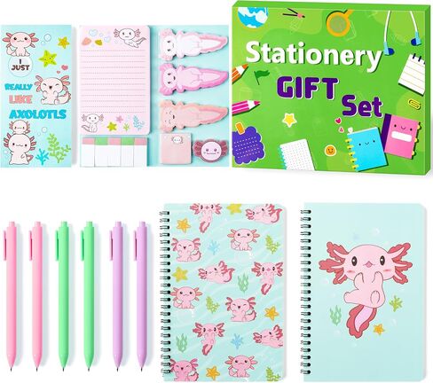 Axolotl Sticky Note A5 Notebooks Pens Stationery Set - Axolotl Self-Stick Notes Pads Spiral Notebooks Black Gel Ballpoint Pens Back to School Office Supplies Teacher Appreciation Gift with Box in Saudi Arabia