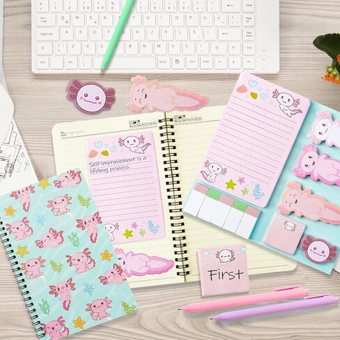 Axolotl Sticky Note A5 Notebooks Pens Stationery Set - Axolotl Self-Stick Notes Pads Spiral Notebooks Black Gel Ballpoint Pens Back to School Office Supplies Teacher Appreciation Gift with Box in Saudi Arabia