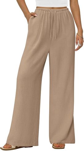 PRETTYGARDEN Summer Wide Leg Linen Pants Women with Pockets High Waist Drawstring Loose Casual Palazzo Lounge Pants Women in Saudi Arabia