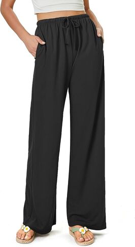 keriffe Summer Outfits Flowy Palazzo Pants for Women 2025 High Waisted Wide Leg Beach Casual Vacation Pants Trousers Pockets in Kuwait