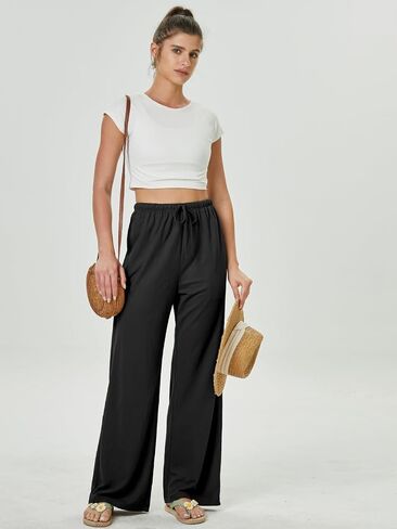 keriffe Summer Outfits Flowy Palazzo Pants for Women 2025 High Waisted Wide Leg Beach Casual Vacation Pants Trousers Pockets in Kuwait
