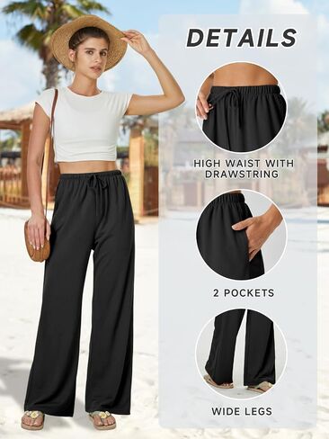 keriffe Summer Outfits Flowy Palazzo Pants for Women 2025 High Waisted Wide Leg Beach Casual Vacation Pants Trousers Pockets in Kuwait