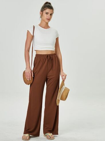 keriffe Summer Outfits Flowy Palazzo Pants for Women 2025 High Waisted Wide Leg Beach Casual Vacation Pants Trousers Pockets in Kuwait