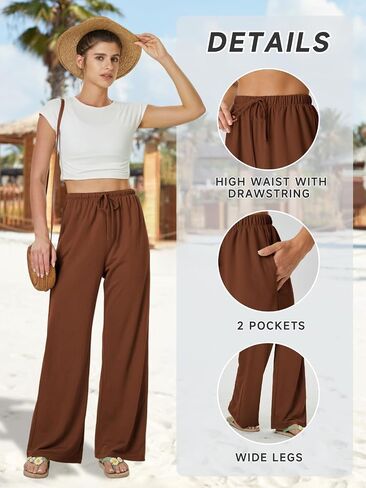 keriffe Summer Outfits Flowy Palazzo Pants for Women 2025 High Waisted Wide Leg Beach Casual Vacation Pants Trousers Pockets in Kuwait