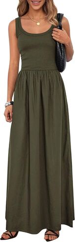 PRETTYGARDEN Womens Summer Casual Scoop Neck Sleeveless Long Dresses Tank Top Patchwork Aline Swing Maxi Dress with Pockets in Kuwait