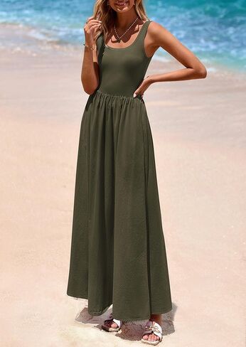 PRETTYGARDEN Womens Summer Casual Scoop Neck Sleeveless Long Dresses Tank Top Patchwork Aline Swing Maxi Dress with Pockets in Kuwait