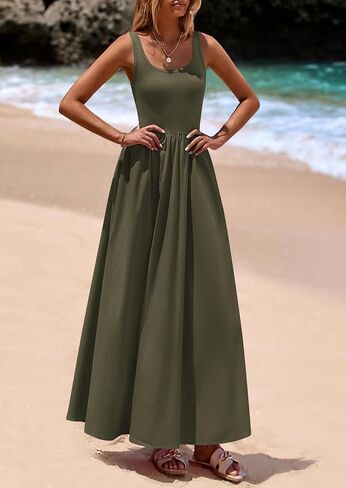 PRETTYGARDEN Womens Summer Casual Scoop Neck Sleeveless Long Dresses Tank Top Patchwork Aline Swing Maxi Dress with Pockets in Kuwait