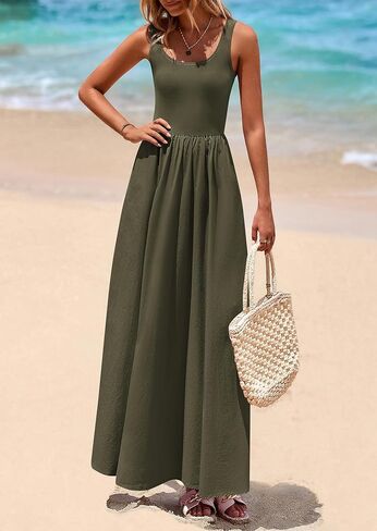 PRETTYGARDEN Womens Summer Casual Scoop Neck Sleeveless Long Dresses Tank Top Patchwork Aline Swing Maxi Dress with Pockets in Kuwait