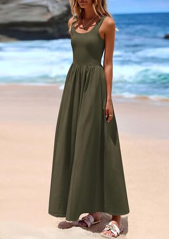 PRETTYGARDEN Womens Summer Casual Scoop Neck Sleeveless Long Dresses Tank Top Patchwork Aline Swing Maxi Dress with Pockets in Kuwait