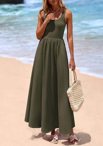 PRETTYGARDEN Womens Summer Casual Scoop Neck Sleeveless Long Dresses Tank Top Patchwork Aline Swing Maxi Dress with Pockets in Kuwait