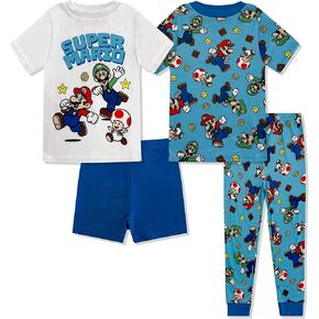 Super Mario 4 Piece Pajama Set - Boys PJs with Short Sleeve Shirt, Shorts & Pants - Kids Sleepwear Set - Official License