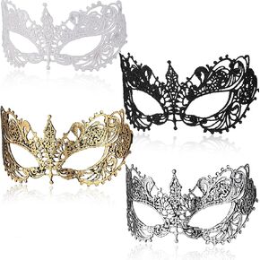 Masquerade Mask 4Pcs Mysterious Lace Black Gold Silver Masquerade Masks for Women Men Couples Prom Costumes