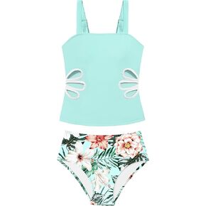 WIQI Girls Tankini Swimsuit Two Piece Bathing Suits for Girls Waist Cutout Tropical Print Swimwear 7-14Y