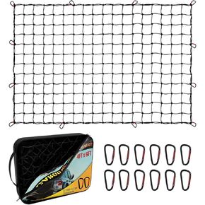 DEEAGLE 4’ x4’ Bungee Cargo Net, Stretches to 8’ X 8’, Cargo Net for Pickup Truck Bed, Heavy Duty 4" X 4" Latex Bungee Net Mesh with 12 Metal Carabiners, Compatible with Dodge Ram, Ford, Toyota, Chevy