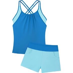 Girls Tankini Swimsuit Cross Straps Back Two Piece Bathing Suits with Pockets Shorts Swimwear Set 5-14 Years