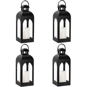 Decor Modern Farmhouse Lantern Decor Set of 4, Black Metal Candle Lanterns, Wooden Lanterns Decorative w/Timer & Remote-Controlled Flickering Candles for Home, Indoor, Table, Fireplace Mantle Décor