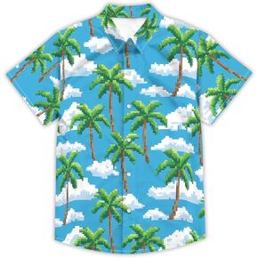 Boys Hawaiian Shirt Button Down Shirt Short Sleeve Cartoon Print Hawaiian Beach Shirt for Kids