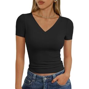 Trendy Queen Womens Basic V Neck Short Sleeve T Shirts Slim Fit Crop Y2k Tee 2025 Summer Cute Gym Fashion Clothes