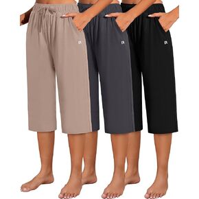 Neer 3 Pack Women's Capri Pants, Cotton Wide Leg Basic Sweatpants Lounge Loose Fit Casual Drawstring Yoga Capris with Pockets(Black, Mocha, Dark Gray,XX-Large)