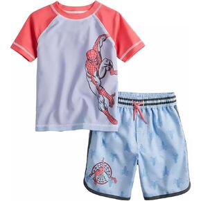 Marvel Spiderman Boys Swim Trunks and Rash Guard Set - Spidey Toddler Boys Swimsuit Swimwear - Sizes 2T to 4T