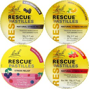Bach RESCUE PASTILLES, Variety Flavor: Mixed Berry, Orange-Elderflower, Black Currant and Cranberry, Lozenges, Homeopathic, Flower Essences, 4 Pack