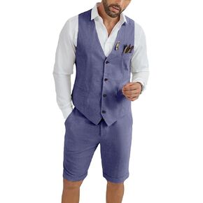 Mens Linen Suit 2 Piece Short Suits for Men Casual Summer Beach Groom Wedding Suit Linen Vest Shorts Set