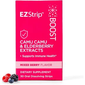 Boost Camu Camu and Elderberry Extract Strips. Mixed Berry Flavor. Sugar Free, Gluten Free. Immune Support Supplement. Antioxidant Supplement, Made in FDA Registered USA Facility, 30Pk