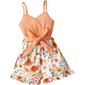 SOLY HUX Girl's Floral Print V Neck Belted Cami Romper Ruffle Trim Wide Leg Shorts Jumpsuit