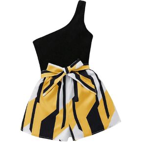 WDIRARA Girl's Graphic Print One Shoulder Belted Jumpsuit Sleeveless High Rise Colorblock Romper