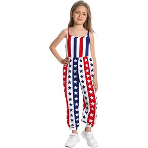 RONGTAI Girls 4th of July Outfit Sleeveless Strap Romper Baby Kid Patriotic Rompers with Pocket Jumpsuit 1-8 Years