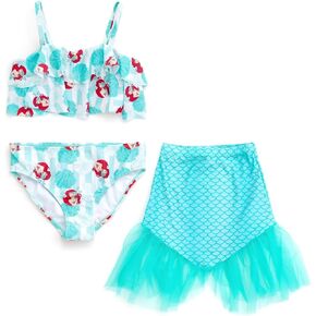 Disney Girls Square Neck Upf 50+ Bikini Top ، Bottom & Tail 3 Piece Swim stit kid Little to Big Kid Sister (4-10-12)