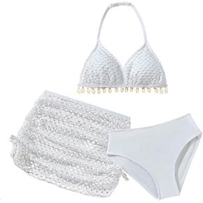 Girl's 3 Piece Bikini Set Hollow Crochet Halter Cute Swimsuit Bathing Suit with Beach Skirts