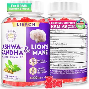 Ashwagandha Gummies - Ashwagandha & Lions Mane Gummies للبالغين مع 4 أعشاب تكيفية للإجهاد ، الدعم المعرفي والمناعة | مكملات الكورتيزول للنساء والرجال ، نكهة التوت - 60 تهمة