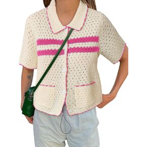 Yousify Womens مخططة مخطط قصير الأكمام سترة غير رسمية زر التريكو أسفل الكروشيه Cardigan عتيقة y2k جوفاء الخروج قمم