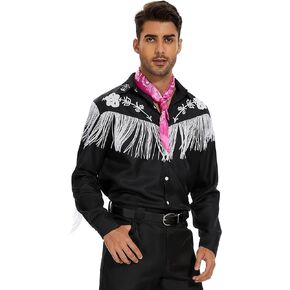 Saxcdyi Cowboy Costume Western Fringe Shirt Cowboys Shirt for Men Halloween Cosplay Long Sleeve Button Down Adult Shirt