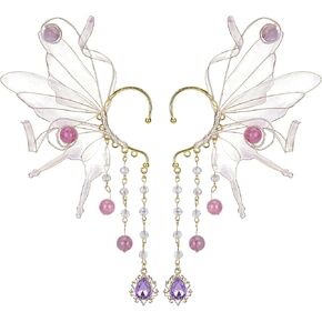 FRESHME Fairy Elf Ear Cuffs - Butterfly Wings Elven Ear Cuffs with Glass Beads Tassel Non Pierced Mermaid Ears for Women