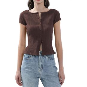 Ribbed Button Down T Shirts for Women Short Sleeve Going Out Tops Cropped Fitted Knit Blouses