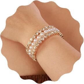 YERTTER Wedding Gold 3 Row Pearl Rhinestone Stunning Bracelet Layered Adjustable Stretch Wrap Cuff Bridals Crystal Strand Bracelet Gift for Women Brides (Gold 3)