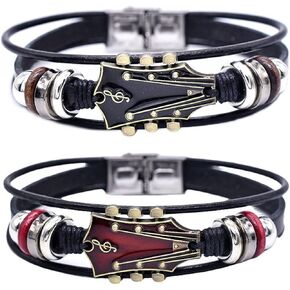 Retro Faux Leather Guitar Bracelet, Zinc Alloy Rock Music Guitar Leather Bracelet Punk Handmade Braided Multi-Layer Wrap Guitar Shape Decorative Cuff Bracelet Musical Enthusiast Gift