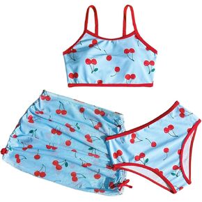 MakeMeChic Girl's 3 Piece Bikini Set Bow Swimsuit Spaghetti Strap Cute Bathing Suit with Ruched Cover Up Skirt