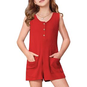 Besserbay Girls Summer Summer Summbed Romper Shorts Displats Button Down Scoop Neck Plemsuit مع جيوب من 6 إلى 14 عامًا