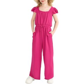 Tween Girls Jumpsuit Teen Preppy Clothes Cap Sleeve Smocked Drawstrings Romper Kids Jumper Summer Outfits Size 8-14