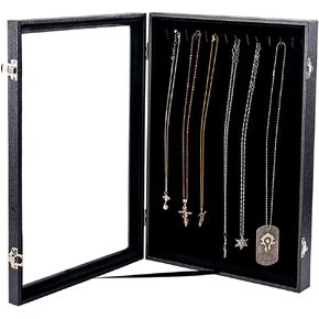 Vertical Necklace Holder Organizer,Necklace Storage,Necklace Organizer Box,Jewelry Tray with Glass Lid (Black Velvet)