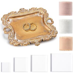 8 Pcs Flat Lay Props Set Include 1 Jewelry Tray Vintage Decor 4 Acrylic Blocks Clear Stamp Display Block 3 Wedding Chiffon Silk Ribbon for Bridal Party Decoration Gift