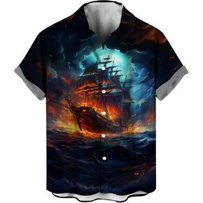 LAOLIUSN Funny Pirate Shirt Pirate Ship Graphic Short Sleeved Button Shirt