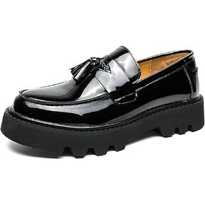 Men's Black Patent Leather Platform Loafers Slip-On Dress Shoes with Tassel, Non-Slip Lug Sole Round Toe Penny Formal Shoes for Business Work & Daily