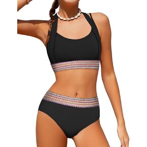 Girls Swimsuit 2 Piece Color Block Halterneck Bikini Sets with Adjustable Straps High Waist Girls Bathing Suits 9-16Y