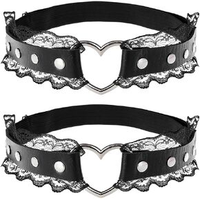 FM FM42 Plus Size 20.28"-30.03" Multicolor PU Simulated Leather Rivets Love Heart Ring Lace Elastic Garter, Pack of 2 PCs